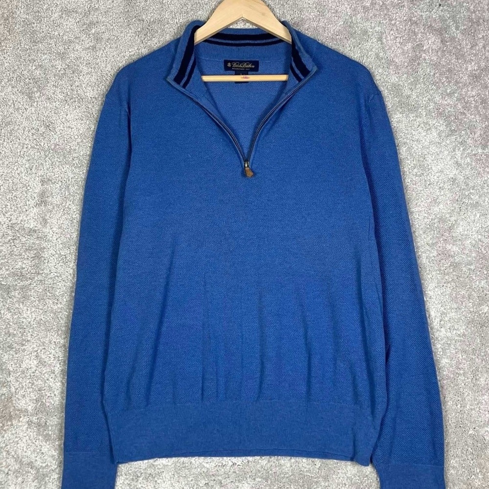 Brooks‎ Brothers Mens Blue Cotton Silk Cashmere Quarter Zip Pullover Sweater Lg
